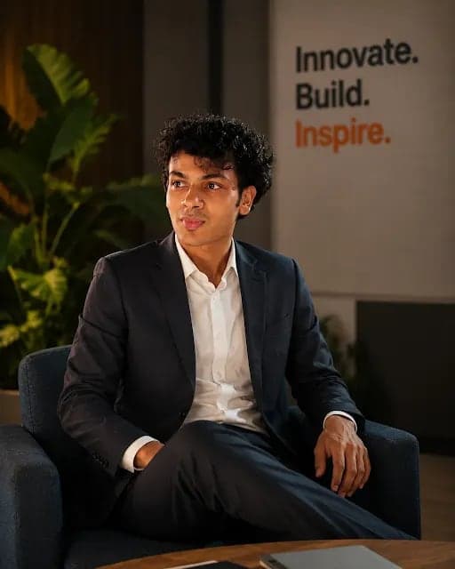 Aarav Sen, Senior Associate in the Founder's Office at Pelocal, seated in a dark suit in front of a wall reading Innovate. Build. Inspire.