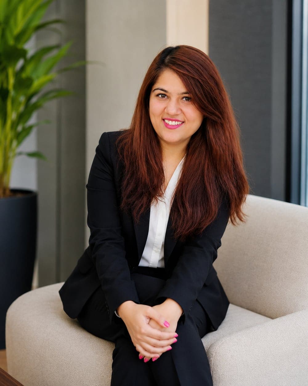 Mani Bajaj, Senior Manager of Business Development at Pelocal, seated in a black blazer beside an office window.
